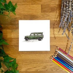 May include: A watercolour illustration of a green four-door jeep on a white background.