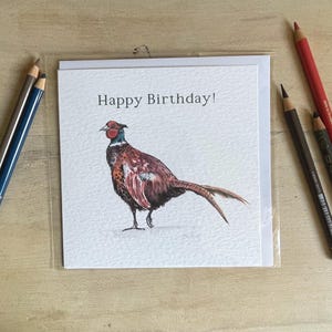 Cartão de felicitações em aquarela de faisão – Arte de pássaros do campo – Cartão de vida selvagem rural britânica – Cartão em branco para aniversário, agradecimento ou personalizado