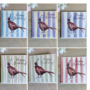 Cartão de Feliz Aniversário Faisão – Ave de Caça em Aquarela com Listras Coloridas Divertidas – Cartão de País Desenhado à Mão – Opção de Nome Personalizado