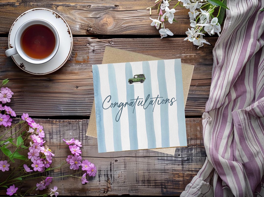 Watercolour Congratulations Card | Blue/pink Stripes, Green Defender ...