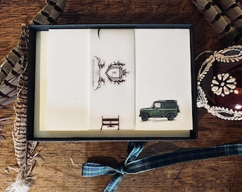 Tarjeta de notas en caja del Land Rover Defender 90 dibujada a mano, set de regalo por correspondencia