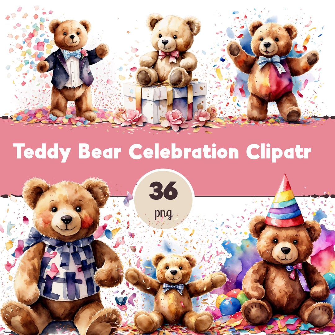 Watercolor Teddy Bear Clipart | Birthday Party PNG Set (36 Images) - Etsy