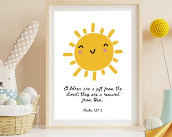 Kunst aan de muur kinderkamer met bijbelvers, zon kinderkamer print, decor klas, homeschool decor, babykamer decor, grillige zon print inspirerend