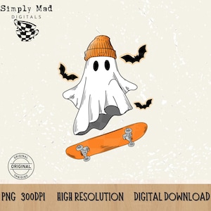 May include: A white ghost wearing an orange beanie and riding a skateboard. The ghost has two black eyes and a black mouth. There are three black bats in the background.