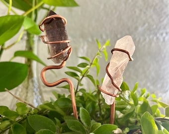 Smoky Quartz, Crystal Plant Stake, Copper Wire Wrapped Stones, Houseplant Or Outdoor Garden Decor