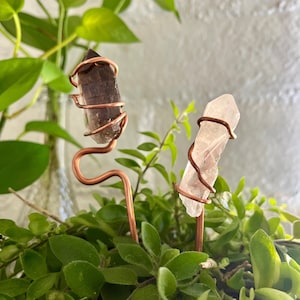 Smoky Quartz, Crystal Plant Stake, Copper Wire Wrapped Stones, Houseplant Or Outdoor Garden Decor