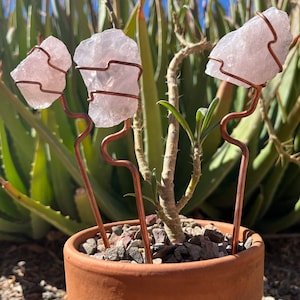 Rose Quartz, Crystal Plant Stake, Copper Wire Wrapped Stones, Houseplant Or Outdoor Garden Decor