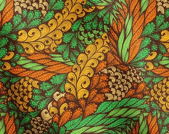 Floral Upholstery Fabric, Bold Green and Orange Print, DIY Sewing Cloth