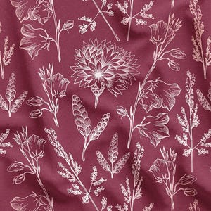 Floral Garden Pattern on Burgundy Fabric, Digital Print Cloth, Elegant Upholstery, Home Decor, DIY Sewing, by the Yard
