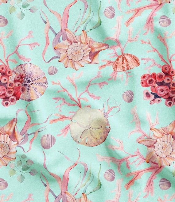 Muschel und Koralle gemustert Digitaldruck Stoff Meterware, Küsten