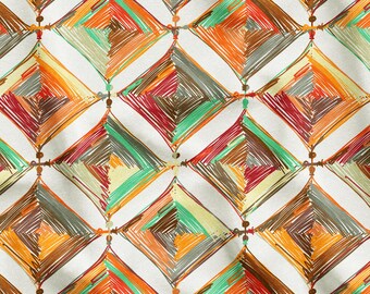 May include: A seamless pattern featuring a geometric design of colorful, overlapping diamonds. The diamonds are outlined in brown, green, orange, and red lines, creating a textured effect. The background is white.