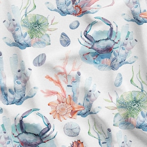 Underwater Creatures Pattern Digital Print Fabric by the Yard, Marine Design, Coastal Upholstery Cloth, DIY Sewing, Ocean-Themed Home Decor