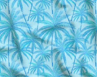 Tela de palmera azul, textil tropical para tapicería y costura.