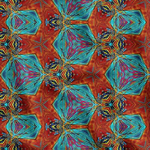 May include: Abstract geometric pattern with a repeating design of blue, red, yellow, and black shapes. The pattern is symmetrical and creates a sense of movement.