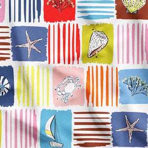 Colorful Seashell Pattern Digital Print Fabric by the Yard, Vibrant Coastal Design, Beach Upholstery Cloth, DIY Sewing, Nautical Home Decor