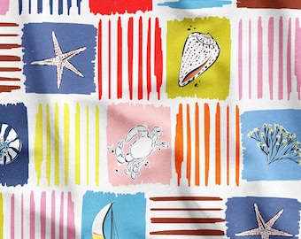 Seashell Pattern Fabric, Coastal Upholstery Cloth, Nautical Sewing, by the Yard