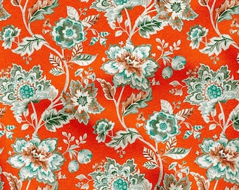 Retro Floral Polsterstoff, Orange und Petrol Druck, Basteltuch