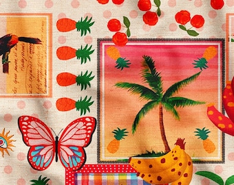 Tessuto con palme tropicali, tessuto per tappezzeria esotico colorato, cucito fai da te