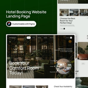 May include: A website landing page for a hotel called Glamour. The page features a large image of a hotel lobby with lush greenery and comfortable seating. The text "Book Your Comfort Room Today!" is displayed prominently. The page also includes a calendar for checking availability, a section highlighting hotel amenities, and a booking button.