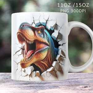3D Roaring Dinosaur Hole In A Wall Mug Wrap, 11oz & 15oz Mug Template, Mug Sublimation Design PNG Mug Template, Instant Digital Download
