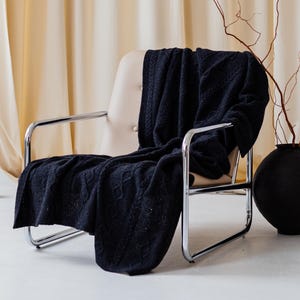 Knitted Merino Wool Blanket 130x170cm – Deep Black | Diamond Pattern | Cozy Handmade Throw for Sofa & Bed | Natural Home Decor (51×67")