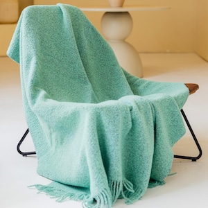 May include: A light teal throw blanket draped over a black metal and wood chair. The blanket has a textured appearance and a fringe along the bottom edge. The background features a white table, a vase of flowers, and a yellow wall.