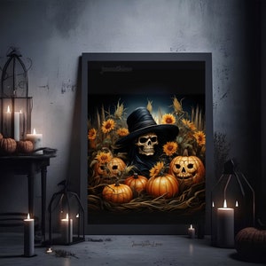 Op de afbeelding: Een ingelijste Halloween-illustratie met een skeletfiguur met een zwarte hoed en mantel, omringd door pompoenen en zonnebloemen. De tekst "JawswithLove" staat boven en onder in de afbeelding.