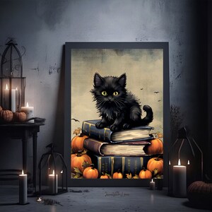 May include: A black cat sits on a stack of vintage books with a pile of orange pumpkins in front of it. The image has a dark, moody background.