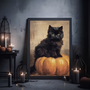 カボチャの上の黒猫 ハロウィン ウォールアート ハロウィン 不気味なプリント ヴィンテージ ニュートラル ハロウィン ウォールプリント ウィッカの装飾 素朴な秋のポスターアート