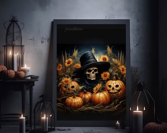 Halloween Printable Skeleton Dia de Los Muertos Print Pumpkin Patch Painting Sunflower Field Oil Painting Autumn Leaves Poster Fall Decor