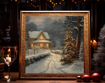 Vintage Christmas Wall Art White Christmas Winter Wonderland Printable xmas Oil Painting Living Room Wall Art Cottagecore Decor Winter Print