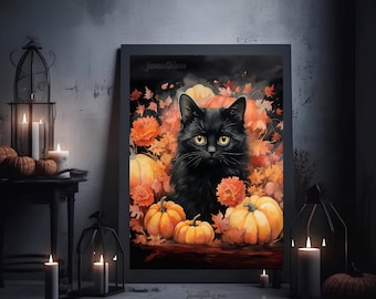 Cute Black Cat Pumpkin Decor Printable Halloween Wall Art Vintage Neutral Halloween Wall Print Wiccan Decor Rustic Fall Poster Art Farmhouse