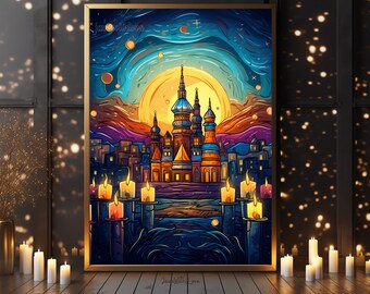 Hanukkah Wall Art Jewish Holiday Decor Menorah Art Chanukah Print Seasonal Decor Religious Art Winter Prints Farmhouse Cottagecore Decor