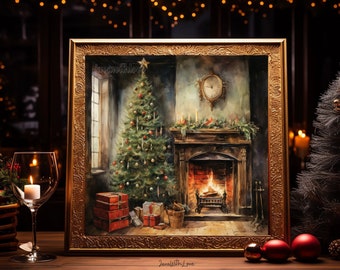 Vintage Christmas Wall Art Christmas Tree Printable Cozy Fireplace Oil Painting Living Room Wall Art Cottagecore Decor Xmas Home Decor Gifts