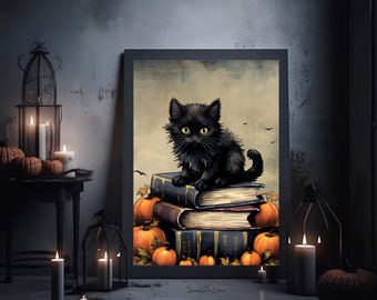 Svart katt utskrivbar Halloweenpumpa väggkonst rustik bokstapeltryck vintage Halloween väggtryck wiccadekor höst Halloween affischkonst