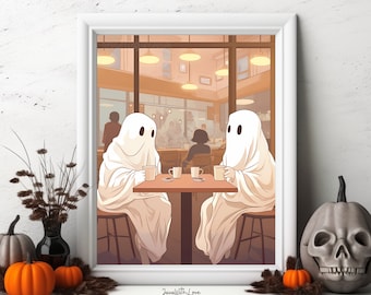 Halloween Wall Art Printable Sheet Ghost Coffee Date Rustic Halloween Decor Vintage Ghost Halloween Print cottage core Dark Academia Spooky
