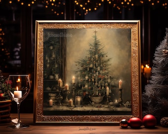 Vintage Christmas Wall Art Christmas Tree Printable Christmas Oil Painting Living Room Wall Art Cottagecore Decor light academia winter art