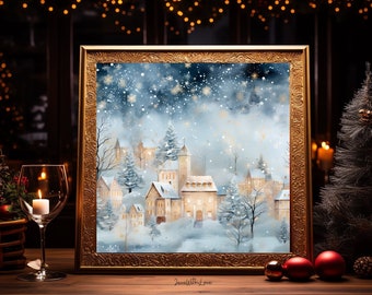 Vintage Christmas Wall Art Christmas Village Printable Holiday Oil Painting Living Room Wall Art Cottagecore Decor Christmas Decor Winter