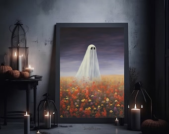 Halloween Ghost Digital Print Vintage Ghost in Flower Meadow Muted Neutral Painting Halloween Wall Art Cute Sheet Ghost Spooky Wall Art