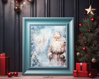 White Winter Christmas Santa Claus Printable Wall Art Winter Snow Digital Print Christmas Poster Holiday Painting Seasonal Decor Saint Nick