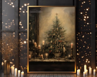 Vintage Christmas Wall Art Christmas Tree Printable Christmas Oil Painting Living Room Wall Art Cottagecore Decor light academia winter art