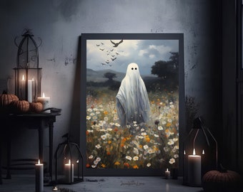 Halloween Wall Art Printable Halloween Rustic Halloween Decor Vintage Ghost Halloween Print Ghost in Flower Field cottage core Dark Academia