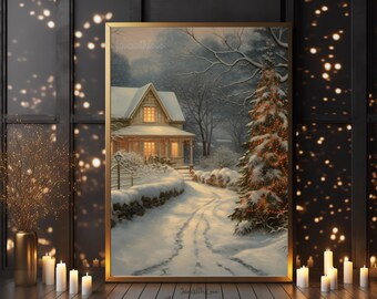 Vintage Christmas Wall Art White Christmas Winter Wonderland Printable xmas Oil Painting Living Room Wall Art Cottagecore Decor Winter Print