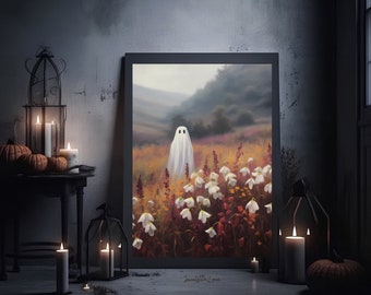 Printable Halloween Ghost Print lonely Haunted ghost Wall Art Vintage Muted Neutral Printable Digital Download Ghost Art Prints Flower Field