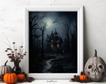 Printable Haunted House wall art witch haunted house spooky dark halloween decor wiccan digital print Autumn decor Dark Academia Forest