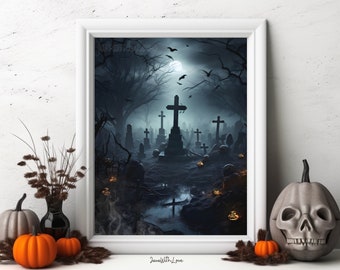 Printable Halloween Wall Art Haunted Graveyard Spooky Grim Reaper Cemetery Dark Academia Decor Gothic Wall Art Autumn Rustic Halloween Decor