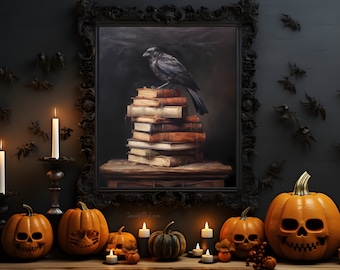 Imprimible rústico otoño pared arte cuervo en el libro pila cuervo impresión oscuro hogar decoración gótico victoriano arte oscuro academia vintage pintura al óleo arte