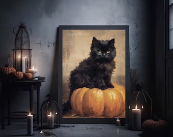 Svart katt på pumpa Halloween väggkonst Halloween läskigt tryck Vintage neutrala Halloween väggtryck Wiccadekor Rustik höstaffischkonst