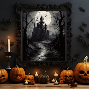Imprimible Haunted Mansion arte de la pared Bat casa embrujada espeluznante decoración oscura de halloween bruja impresión digital Decoración de otoño Dark Academia Ghost Art