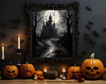 Printable Haunted Mansion wall art Bat haunted house spooky dark halloween decor witch digital print Autumn decor Dark Academia Ghost Art